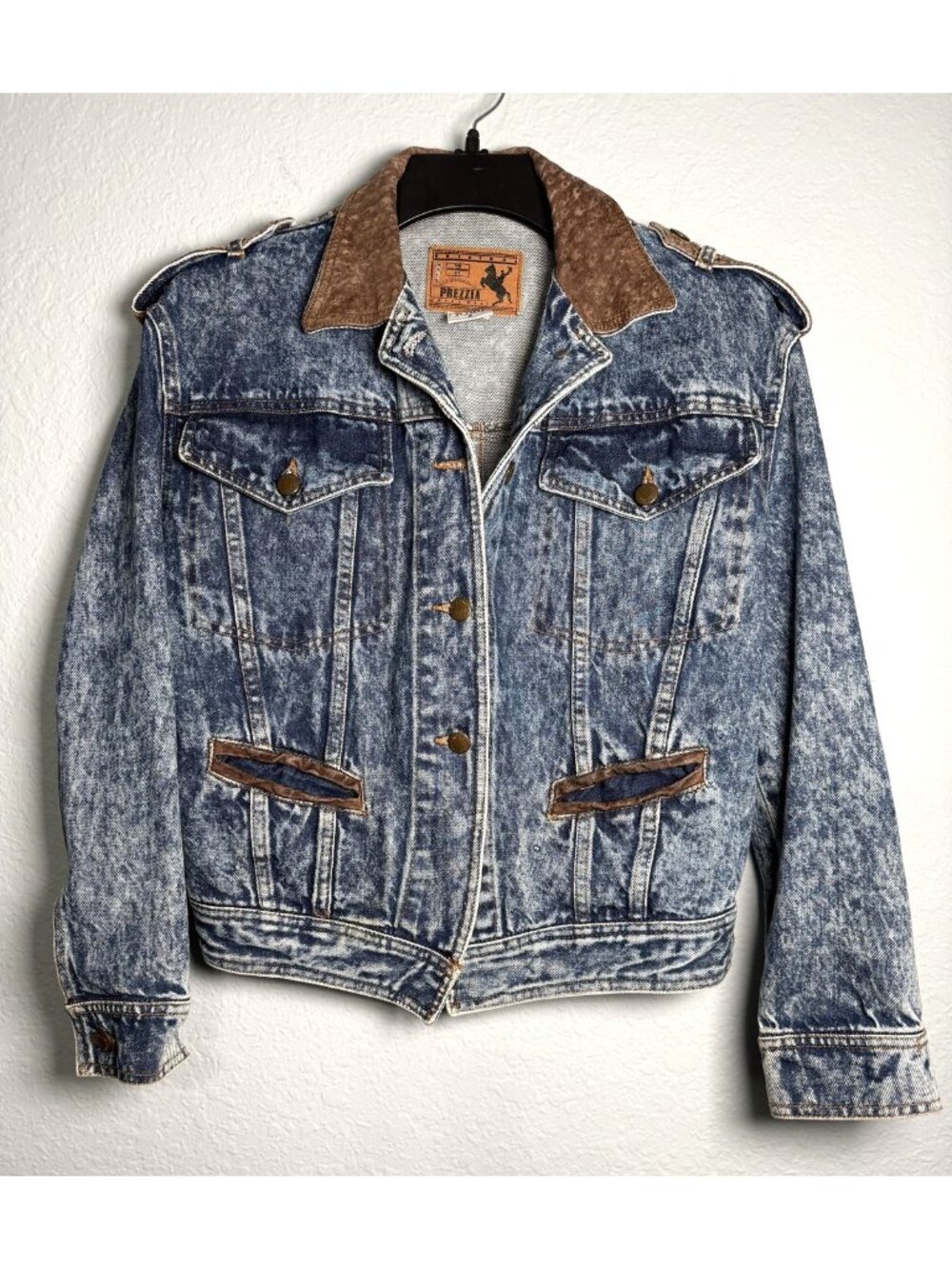 VTG Prezzia Acid Wash Denim Jacket Womens S Cropped 80s Western Leather Collar